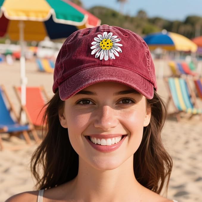 Waldeal Pickleball Hat for Women, Ajustable Embroidered Daisy Washed Denim Baseball Cap