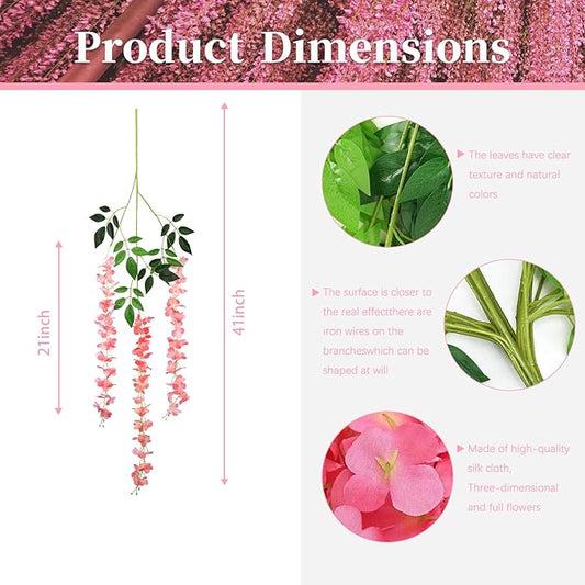 36 Pack Dark Pink Wisteria Hanging Flowers, 3.44 Ft Fake Hanging Flowers, Artificial Wisteria Garland Vines for Wedding Room Backdrop Outdoor Patio Garden Decoration