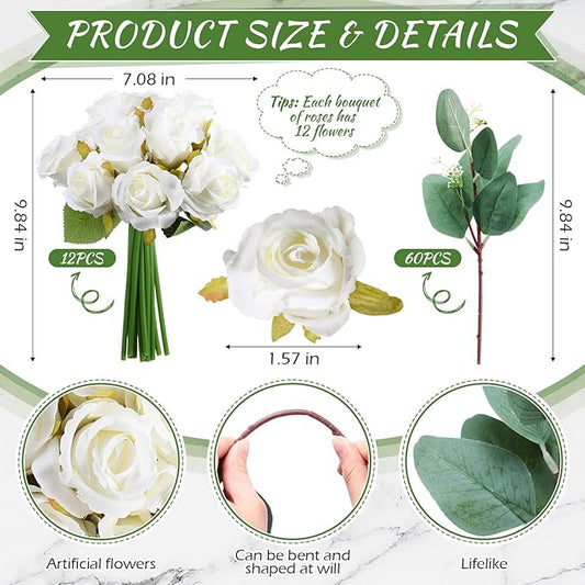 Zeyune 12 Pack Wedding Bridesmaids Bouquets 7 Inch Artificial Rose Bouquets Silk Flowers with Stems Fake Floral Bundles Bulk for Wedding Bridal Shower Party Centerpieces Home Decor(White)
