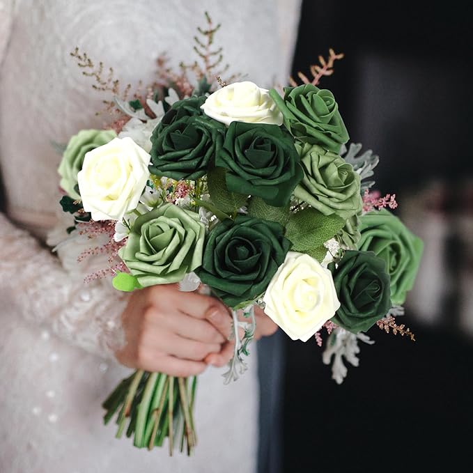 100 Pieces Artificial Foam Rose Flowers Faux Bouquet with Leaves and Stems for DIY Wedding Bouquets Centerpieces Bridal Shower Party Valentine Home Decorations(Gradient Green)