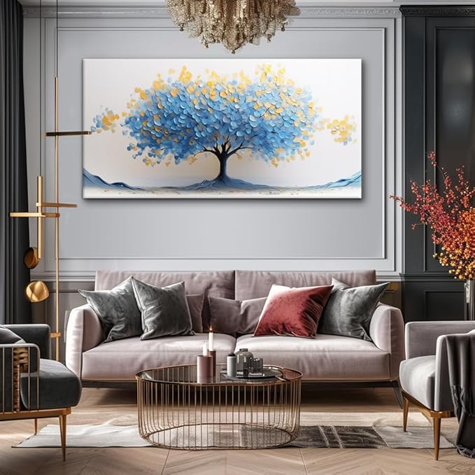 LAVIKARS Modern Tree of Life Wall Art for Living Room Office Navy Blue and Yellow Floral Abstract Landscape Canvas Painting Prints Large Nature Artwork Home Kitchen Bedroom Decor (23x46 Inches)