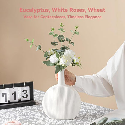 White Ceramic Vase with Vertical Fluted Texture - 9.8" Unique Flower Vase for Pampas Grass & Centerpieces, Decorative Boho/Farmhouse Vase for Living Room, Office Desk & Gift for Her/Yourself