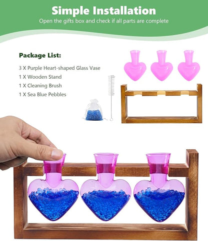 Nacome Plant Terrarium Propagation Stations: Christmas Gifts for Plant Lovers Women Mom Wife - Wooden Stand Tabletop Planter 3 Bulb Glass Vase Heart Shaped for Hydroponics Indoor Home Decor(Purple)