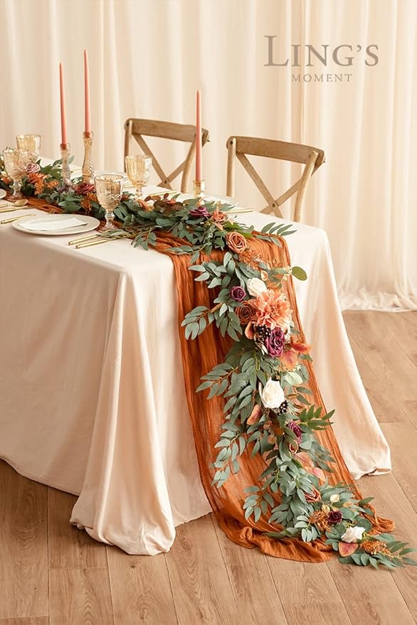 Ling's moment Terracotta Flower Garland - 6FT Eucalyptus & Rose - Sweetheart Table Decor for Wedding Reception, Fall Artificial Floral Garland for Mantle, Christmas Decoration, Burnt Orange