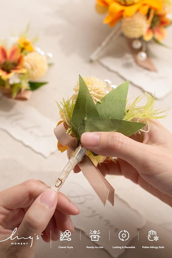 Ling's moment Boutonniere for Men, 6pcs Groom Groomsmen Boutonniere, Artificial Flowers for Wedding Decor/Prom/Homecoming, etc.Sunflower Yellow
