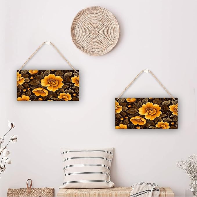 Luxurious Black & Gold Floral Vintage Wooden Sign 12x6 Inch - Elegant Living Room Decor for Retro Home Enthusiasts, Opulent Accent to Infuse Floral Grandeur into Domestic Retreats