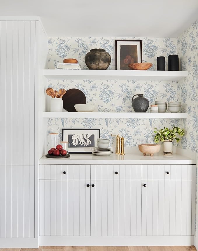 Cream White and Blue Peel and Stick Wallpaper Vintage Floral Contact Paper 16.9"x 118.1" Blue Floral Wallpaper Peel and Stick Birds Self Adhesive Removable Wall Paper for Bedroom Bathroom