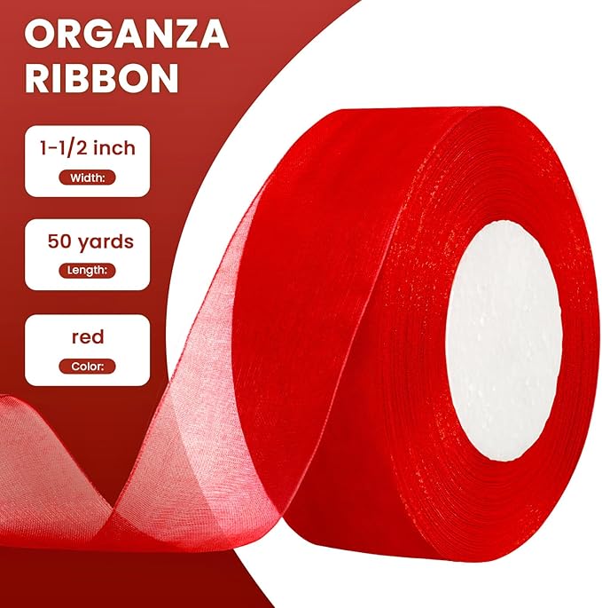 1-1/2 Inch 50 Yards Red Christmas Ribbons, Sheer Organza Holiday Ribbons for Gift Wrapping, Wedding, Party, Flower Bouquet, DIY Craft