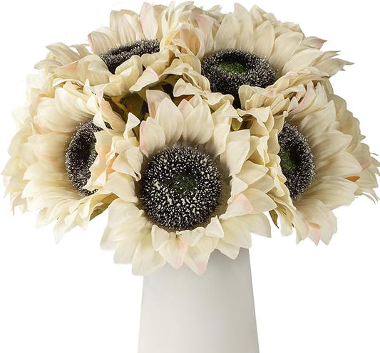 DuHouse 12pcs Artificial Sunflowers with Long Stems 5.5" Silk Sunflowers Bulk for Wedding Home Garden Outdoor Party Decoration(Beige)