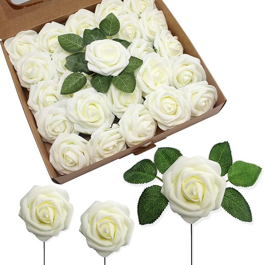 JOYLEX Ivory Artificial Flowers Realistic Roses, 100pcs Milk White Real Looking Fake Roses with Stem for DIY Wedding Bouquets Centerpieces Bridal Shower Party Home Romantic Decorations (Milk White)