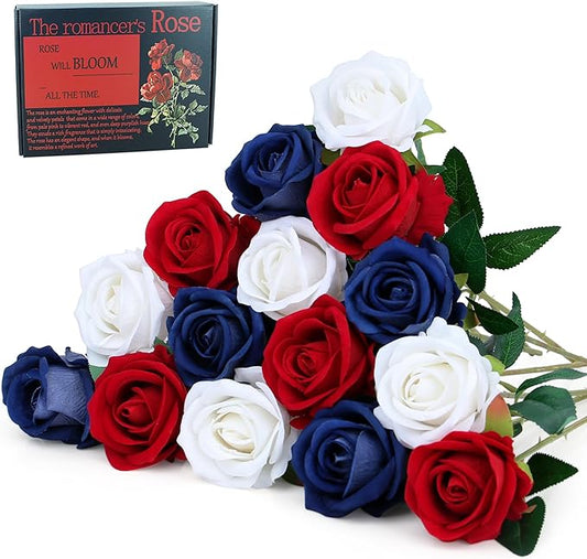SITUMEIZI 15PCS 4th of July Flowers Roses Artificial Silk Flowers Patriotic Fake Bouquet with Long Stem for Independence Day Home Decor Bouquets Party Table Centerpiece(Mix,3)
