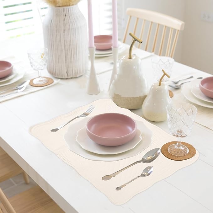 Quilted Placemats Set of 4 18"X13" Cotton Placemats Washable Cloth Table Mats for Kitchen Table (Cream White)