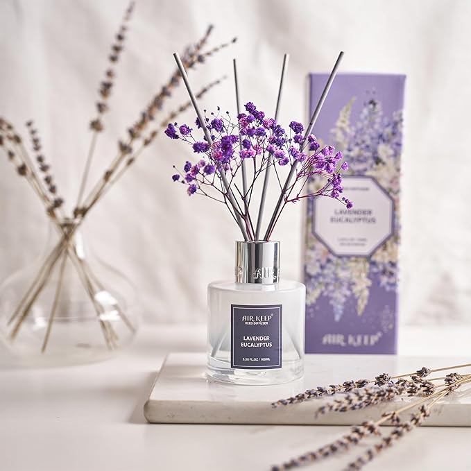 Airkeep Reed Diffuser Set,3.38 fl oz (100 ml) - Lavender Eucalyptus Oil Diffusers with 8 Reed Sticks, Home Fragrance Reed Diffuser for Bathroom Shelf Decor