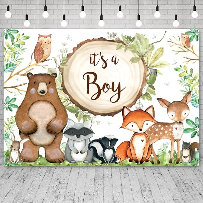 9x6ft Woodland Baby Shower Backdrop It's a Boy Photography Background Jungle Green Grass Leaves Animals Bear Fox Deer Baby Boys Party Banner Decorations Newborn Portrait Photo Booth Prop