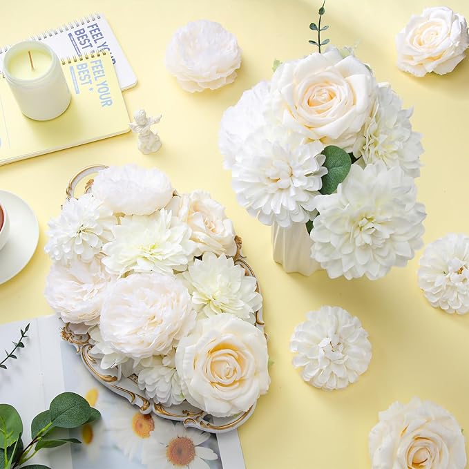 98 Pcs Assorted Faux Flowers Heads with Stem Eucalyptus Leaves Silk Artificial Flowers Bouquet Floral Table Centerpieces for DIY Wedding Party Wreath Home Decoration (White,Classic Style)