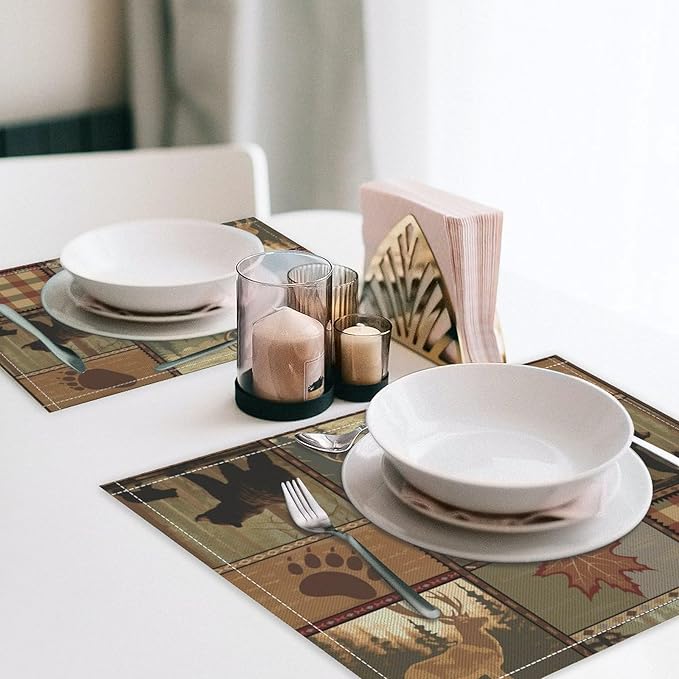 Retro Rustic Lodge Bears Placemats Set of 4, Vintage Cabin Farmhouse Country Style Place Mats, Heat Resistant Non Slip Cotton Linen Dining Table Mats for Home Kitchen 18x12 Inch