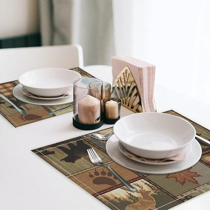 Retro Rustic Lodge Bears Placemats Set of 4, Vintage Cabin Farmhouse Country Style Place Mats, Heat Resistant Non Slip Cotton Linen Dining Table Mats for Home Kitchen 18x12 Inch