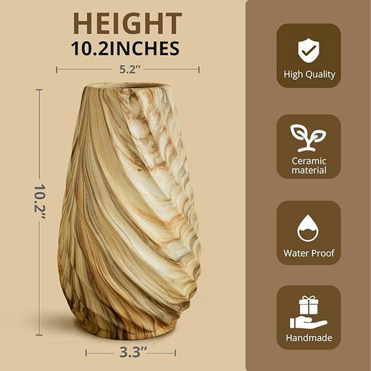 10 inch Tall Ribbed Ceramic Vase for Flowers,Boho Vases for Pampas Grass,Fluted vase,Simple Modern Decorative Vase for Home Decor Table Centerpieces (Brown)