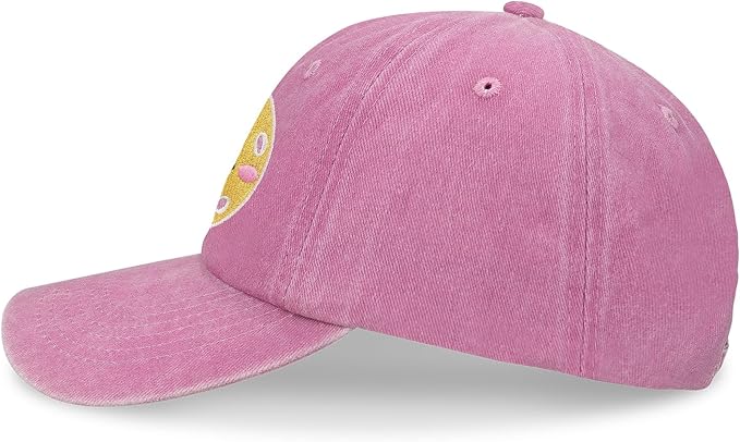 Pickleball Hat for Women Men, Adjustable Embroidered Cotton Smiley Face Washed and Distressed Baseball Cap Pink