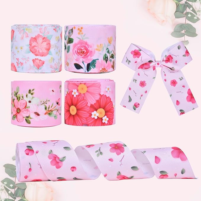 Floral Grosgrain Ribbon, 5 Rolls Flower Pattern Ribbon Spring Summer Fabric Decorative Craft Ribbon Roll for Gift Wrapping Decor Hair Bow Sewing Wreath Crafts (Pink Floral, 2.5Inch X 20Yards)