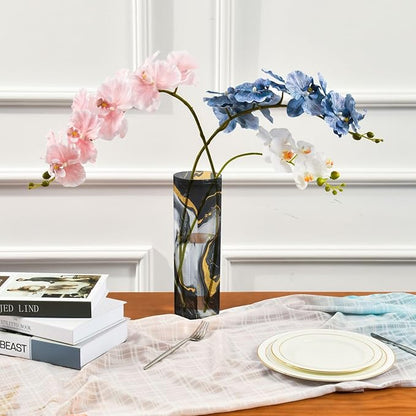 Flower Vase for Centerpieces, Marble Texture Black Gold Plastic Cylinder Vase, Clear Bud Vases for Home Wedding Office Table Decor