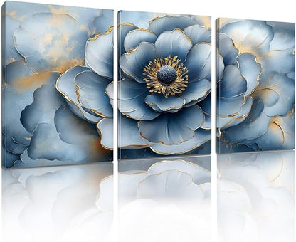 Kewhush Blue Wild Rose Canvas Wall Art, Floral Canvas Prints, Flower Blooming Set of 3 Pictures, Rose Wall Decor, Gold Accent Decor, Modern Artwork for Living Room, Bedroom (24" x 36" x 3 pcs)