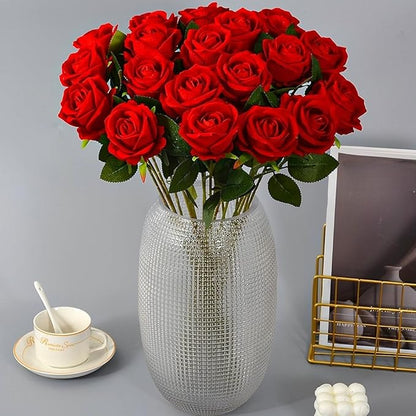 Artificial Roses 50 Pcs Velvet Silk Rose Real Touch Long Stem Fake Flowers in Bulk for Flower Arrangement Wedding Centerpieces Home Party Decor (Red)