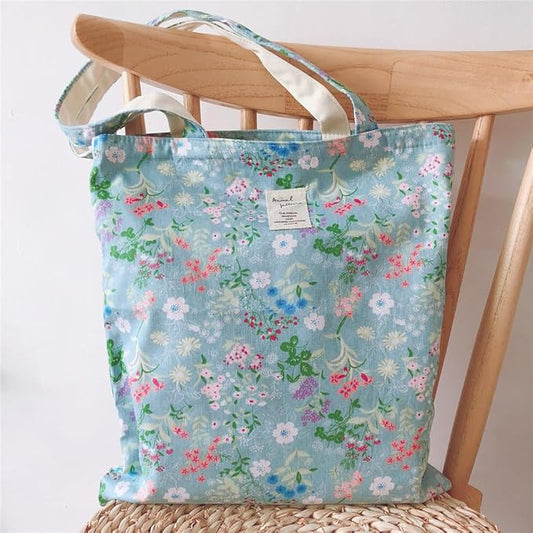 Cotton Canvas Tote Bag Reusable Soft Grocery Cloth Bag Floral Shoulder Bag for Beach Travel Shopping