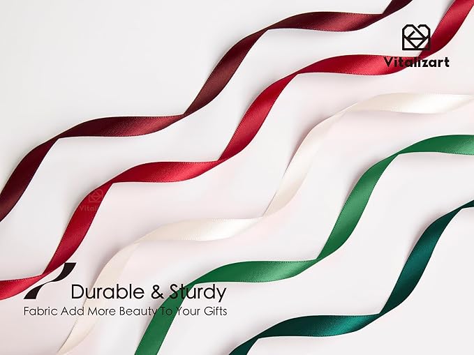 Vitalizart Christmas Ribbons for Crafts 3/8" x 50 Yd Satin Ribbon Green Red Cream White Double Face Gift Wrapping Silk Like Fabric Flower Bouquet Party Decorations Bridal Shower Wreath Hair