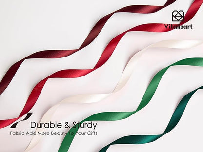 Vitalizart Christmas Ribbons for Crafts 3/8" x 50 Yd Satin Ribbon Green Red Cream White Double Face Gift Wrapping Silk Like Fabric Flower Bouquet Party Decorations Bridal Shower Wreath Hair