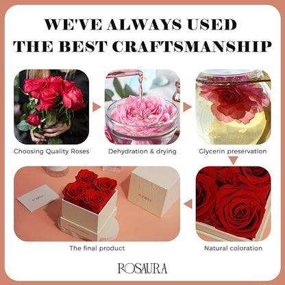 Rosaura 4-Piece Eternal Preserved Roses & Flowers Gift Box - Forever Lasting Real Roses, Preserved Flowers for Valentine's Day Red