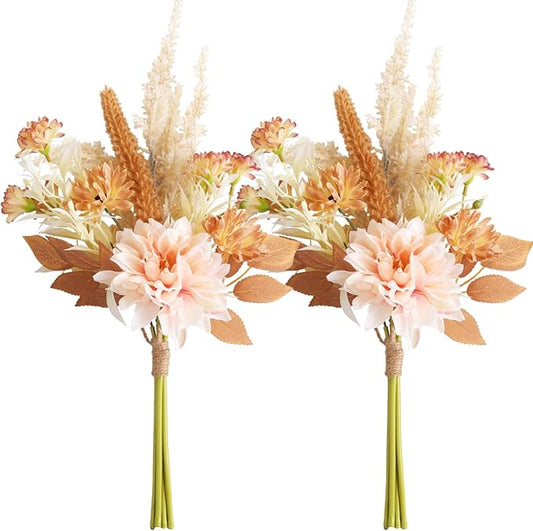 Fake Flower Bouquet, Faux Flower Arrangement for Decorating Kitchens, Bedrooms, Bathrooms, Realistic Artificial Flowers Made of Silk & Plastic, Floral Decoration with Dahlia & Small Blossoms