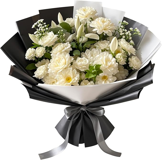 LeZakaa 20 Sheets Flower Wrapping Paper - Waterproof Reversible Floral Bouquet Paper - Black and White Design for Graduations, Parties, Birthdays, Formal Events