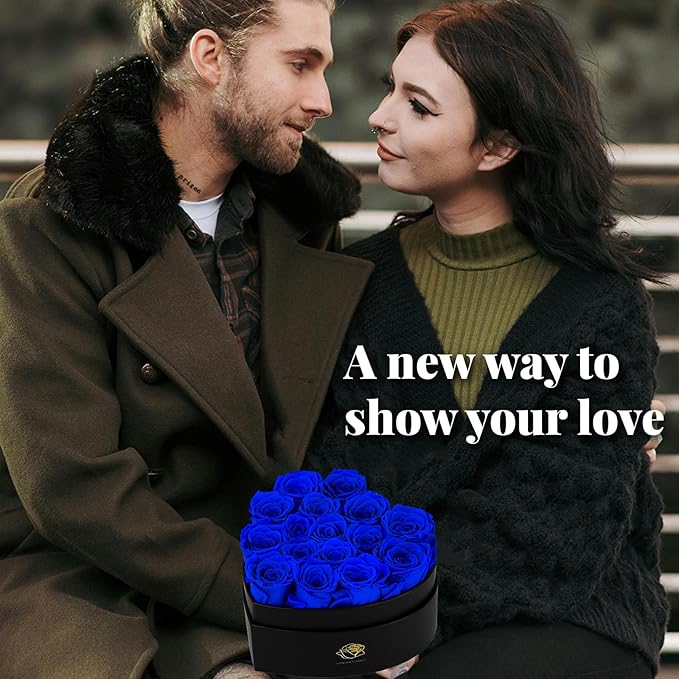 16-Piece Forever Flowers Heart-Shaped Box – Real Immortal Preserved Roses Lasting a Year, Perfect for Birthday, Girlfriend, Mother, or Wife, Valentine Day Gift for Her - Blue