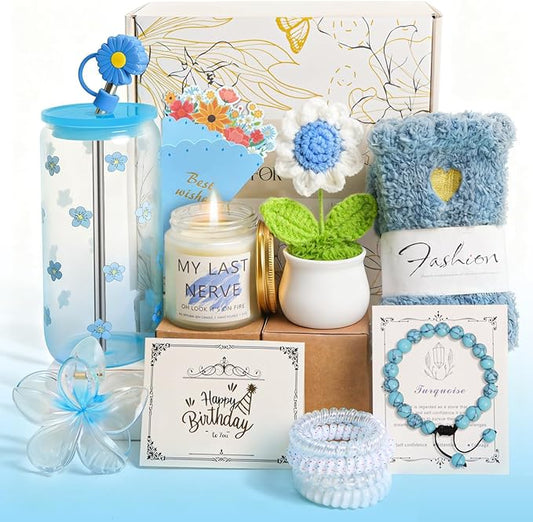 Christmas Birthday Gifts for Teen Girls,Women, Her, Happy Birthday Gift Baskets for Girls Best Friend Sister, Unique Woman Gifts Box for Daughter Girlfriends,14pcs Myosotis Teenage Gift Set(Blue)