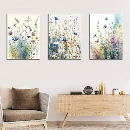 dgbtcart Colorful Flower Canvas Wall Art Set, Watercolor Daisy Floral Wall Decor, Wildflower Plant Wall Painting, Multicolour Botanical Art Print for Living Room Girls Bedroom Bathroom - 16"x24"x3pcs