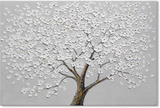 JUHOME Hand Painted White Floral Canvas Wall Art, 3D Textured Flower Oil Painting on Canvas, Neutral Colors for Bedroom, Living Room, Hallwa, Modern Home Decor,24x36