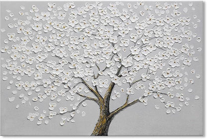 JUHOME Hand Painted White Floral Canvas Wall Art, 3D Textured Flower Oil Painting on Canvas, Neutral Colors for Bedroom, Living Room, Hallwa, Modern Home Decor,24x36