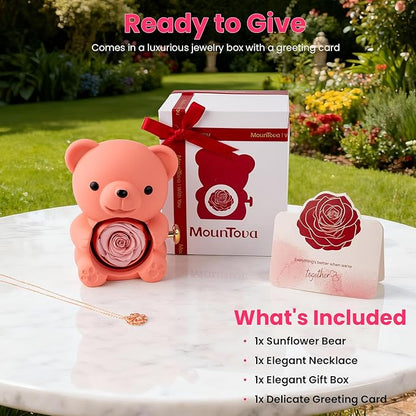 Cute Teddy Bear with Preserved Rose - A Real Rose Flower in Bear with Elegant Gift Box Romantic Gift for Mother's Day, Weddings, Anniversaries, Bridal (Pink)