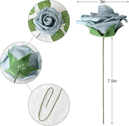 AmyHomie Artificial Flower Dusty Blue Shades Rose 25pcs Real Looking Fake Roses w/Stem for DIY Wedding Bouquets Centerpieces Arrangements Party Baby Shower Valentines Day Christmas Tree Decorations