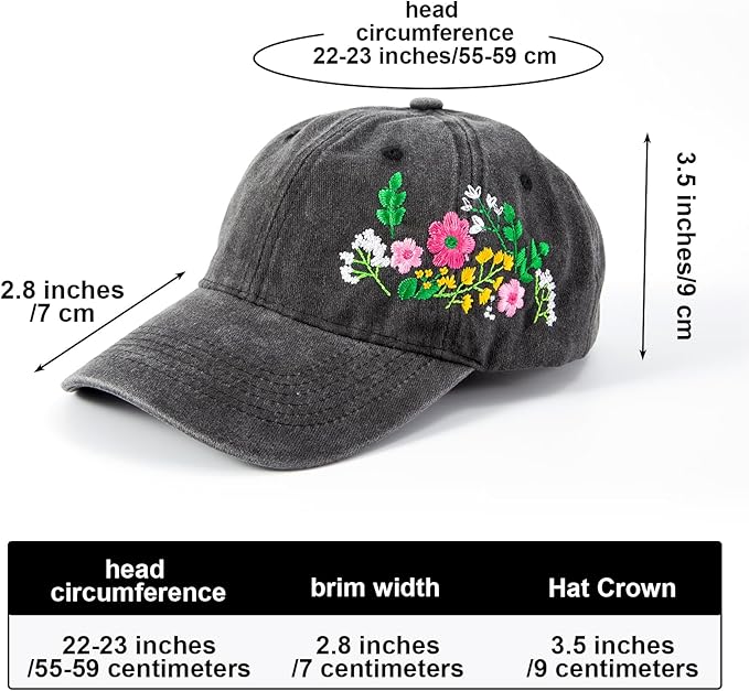 Cute Embroidered Flower Hat, Adjustable Black Cotton Baseball Cap for Women Men, Gifts for Flower Lovers