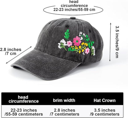 Cute Embroidered Flower Hat, Adjustable Black Cotton Baseball Cap for Women Men, Gifts for Flower Lovers