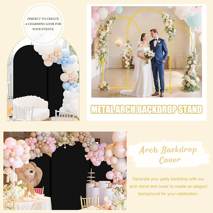 FUHSY Metal Arch Backdrop Stand and Cover Set - 6FT, 6.6FT, 7.2FT - Black - Wedding, Baby Shower, Party - Metal & Spandex