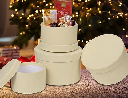 GnFlus Round White Gift Boxes with Lids for Presents Set of 4 Velvet Nesting Gifts Box for Arrangements Flowers Wedding Birthday Mothers Valentines Bridesmaid Christmas Party Anniversary