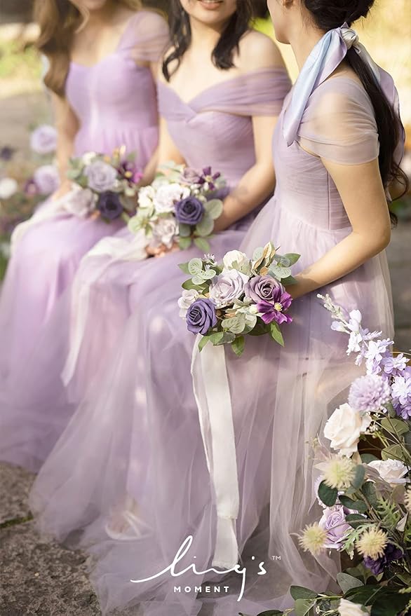 Ling's moment Artificial Flowers Purple Bridesmaid Bouquet Set of 6, Lavender Wedding Flowers Bouquets for Bridesmaids, 7 Inch Bridal Bouquets for Bridesmaids, Wedding, Ceremony, Anniversary, etc