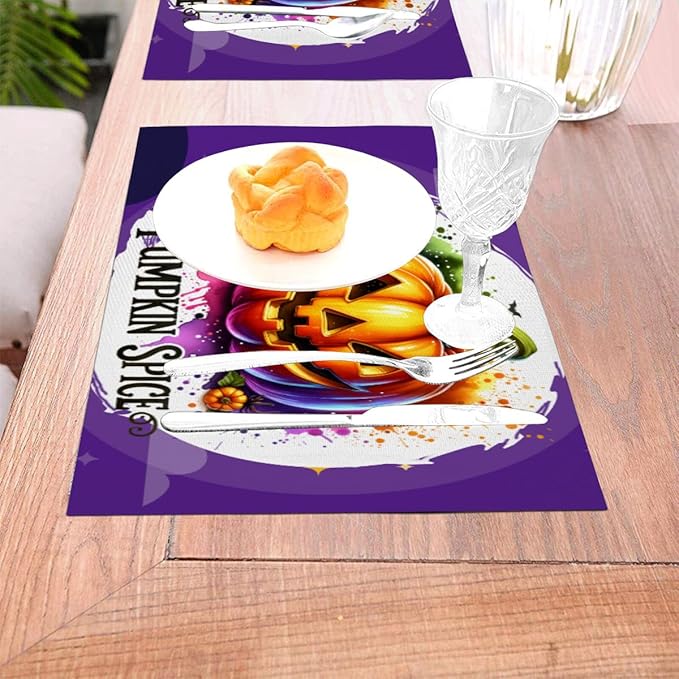 PVC Placemats Set of 6 Wipeable Table Mats Washable Heat Resistant Non Slip Vinyl Dining Table Mat for Kitchen Indoor Outdoor Patio Farmhouse Place Mats Funny Purple Halloween Pumpkin Decorative