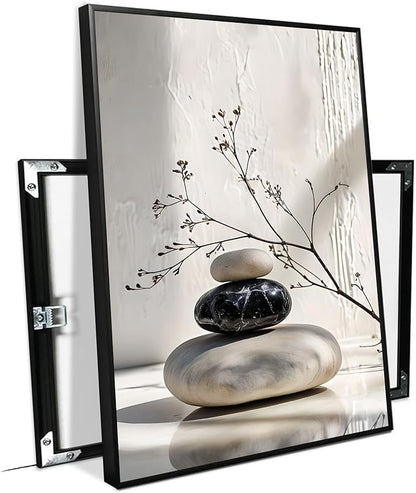 Gray and black stone pile and dried flowers poster canvas wall art in harmony Minimalist wall art for tranquil homes and mindful spaces 16x24in Metal blackFramed