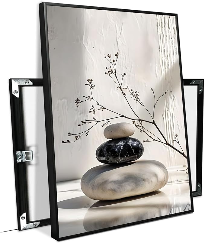 Gray and black stone pile and dried flowers poster canvas wall art in harmony Minimalist wall art for tranquil homes and mindful spaces 20x30in Metal blackFramed
