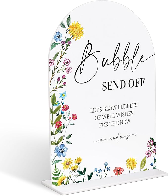 Acrylic Wedding Signs Bubble Send off Sign for Reception, 6x8" Floral Themed Arch Acrylic Table Decor, Love Is In Bloom Decorations for Bridal Shower Engagement Party
