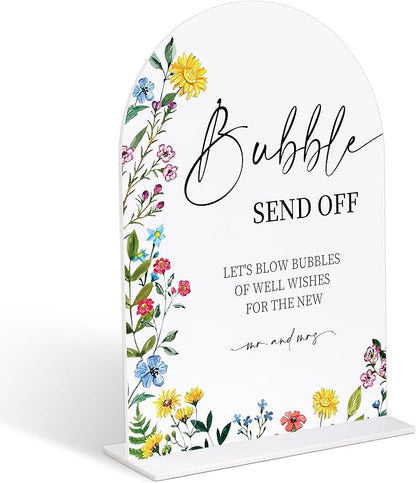 Acrylic Wedding Signs Bubble Send off Sign for Reception, 6x8" Floral Themed Arch Acrylic Table Decor, Love Is In Bloom Decorations for Bridal Shower Engagement Party